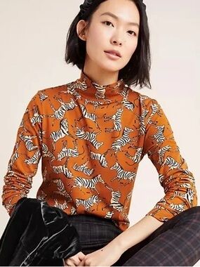 Anthropologie Maeve Zebra Print Mock Neck Top NWT Rust Orange Long Sleeve M